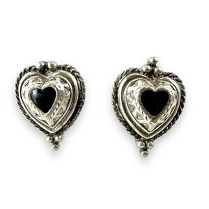 Vintage Sacred Black Heart Silver Antiqued Patina Clip On Earrings